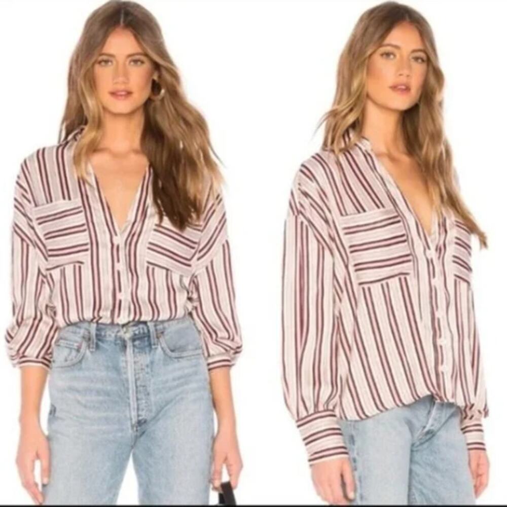 Free People Mad About You Button Front Striped Shirt Ivory Red Oversized Small